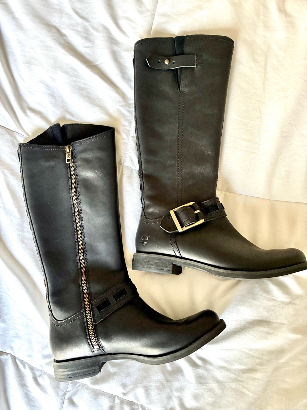 Timberland Black Leather Mid-Calf Zip Riding Boots with Buckle
